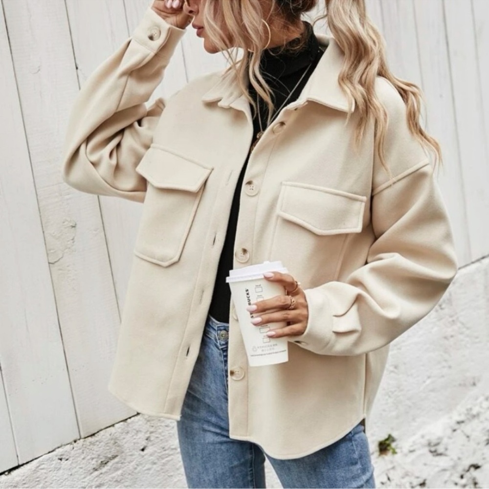 Flap Pocket Button Front Jacket In Off White Bone Cream Shacket
